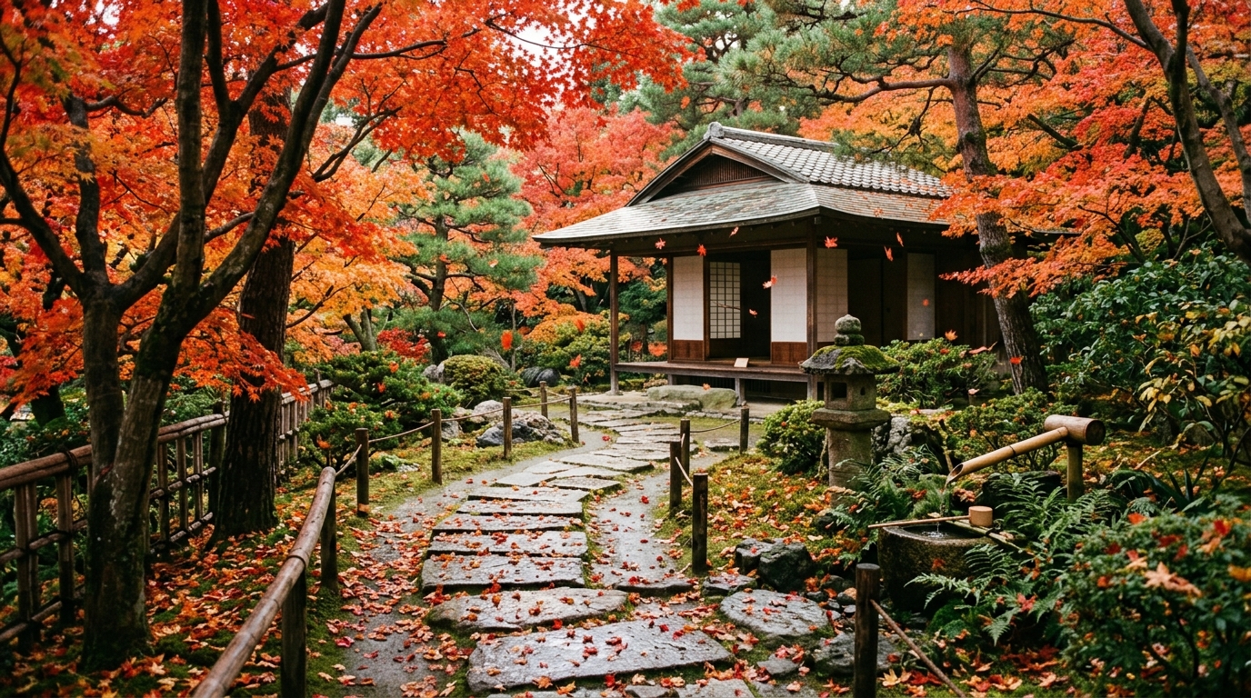 副助詞さへの添加を表す秋の紅葉庭園