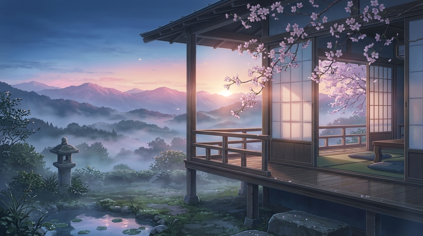 山際がほんのりと紫色に白み始める春の曙の風景