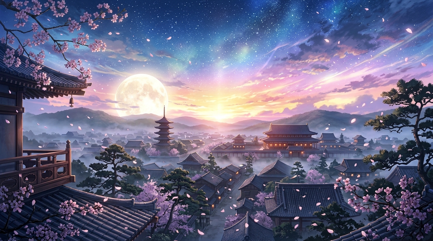 平安時代の夜明けの空に輝く満月と美しい都の風景