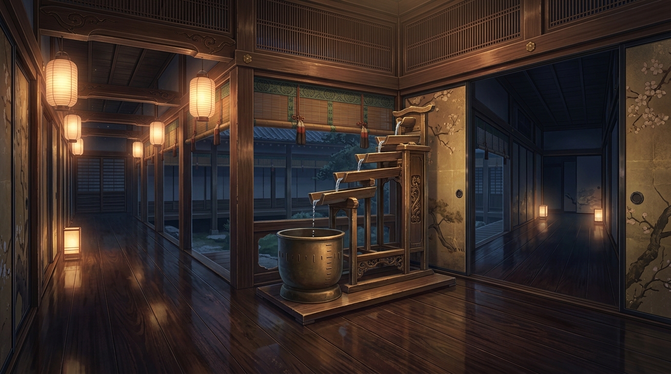 古代日本の宮廷で静かに時を刻む木製の水時計(漏刻)