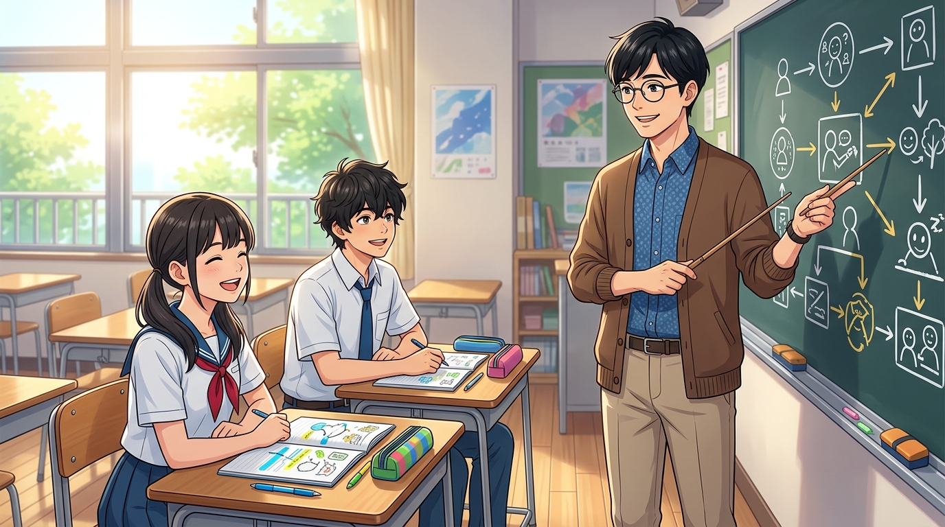 教室で12か月の語呂合わせとストーリー暗記法を教えるたく先生と高校生