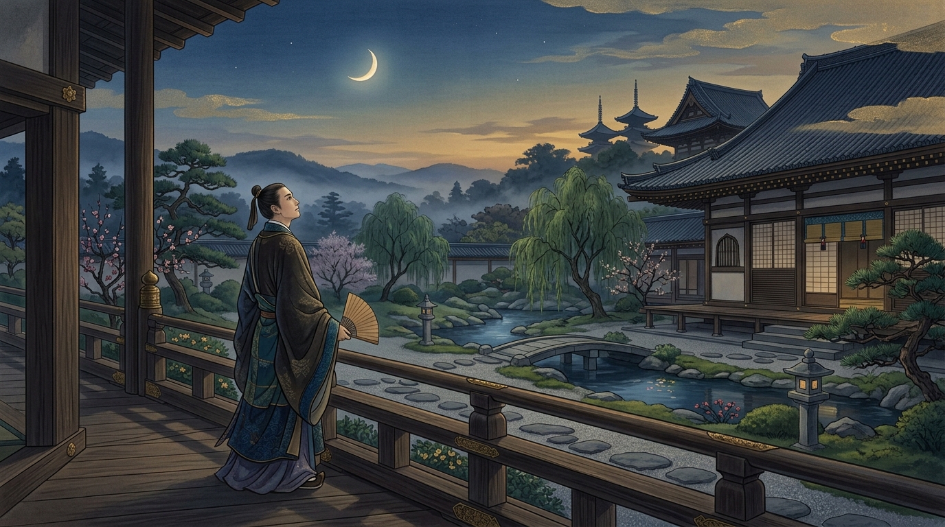 平安時代の宮廷回廊から夜空の三日月と庭園を眺める情景