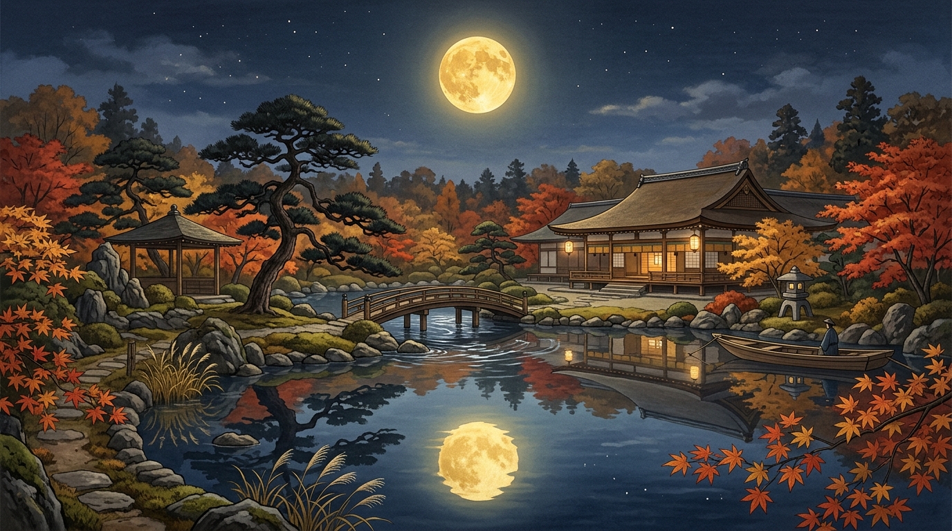秋の夜空に輝く満月(望月)と水面に映る美しい月明かり