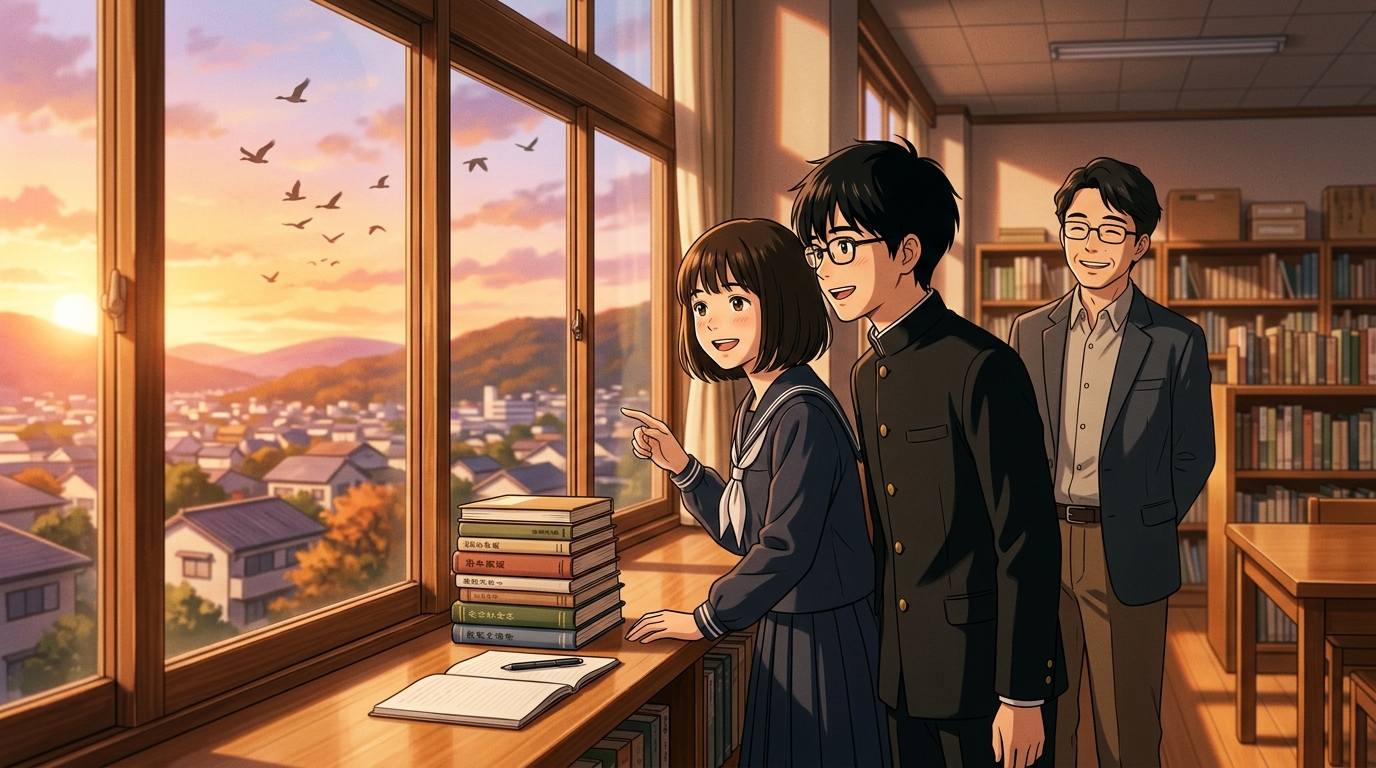 夕暮れの図書室で古文の四季の美しさを理解し笑顔を見せる高校生とたく先生