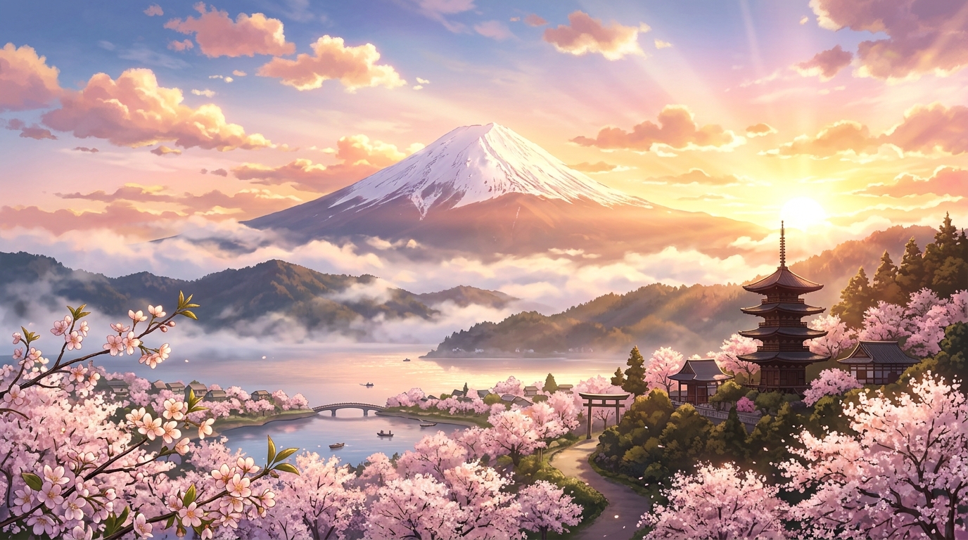朝日を浴びる富士山と桜・学びの達成感を表す和風パノラマ