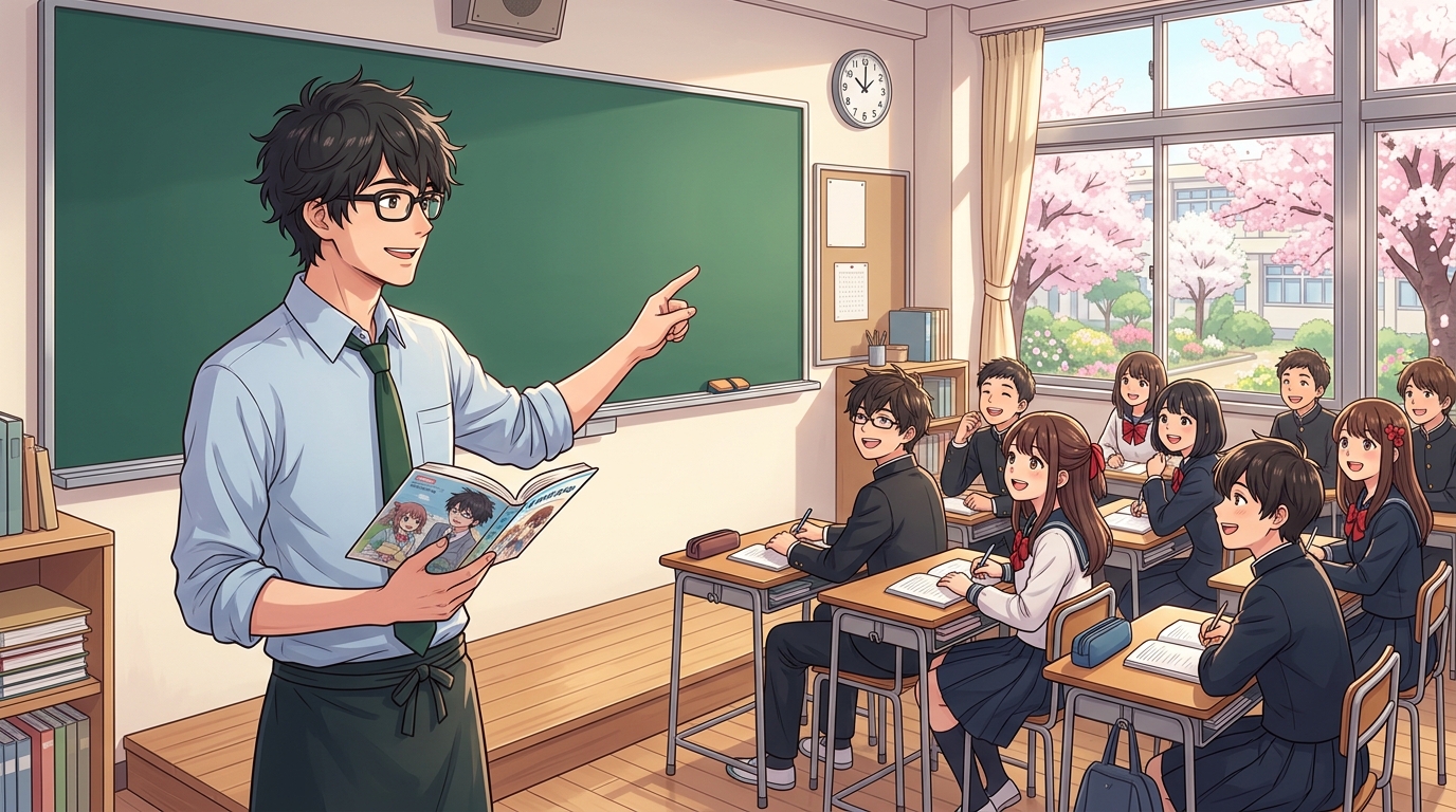 教室で古文の主語特定のコツを教えるたく先生と高校生