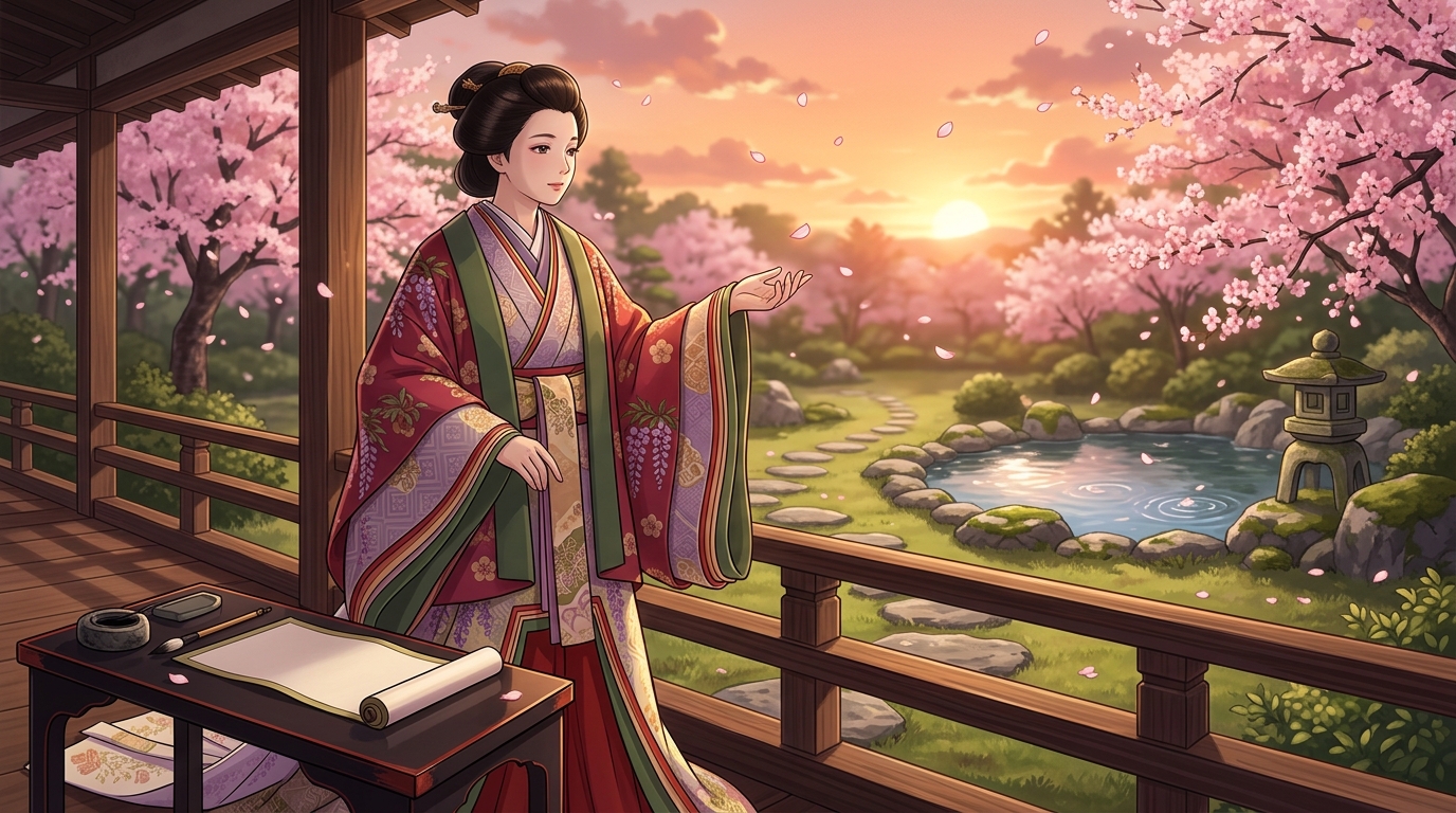 桜が舞う縁側で和歌の心情に思いを馳せる平安貴族の女性