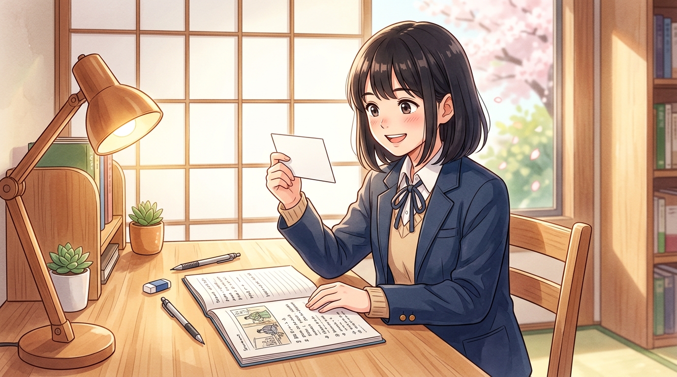 古文単語の効率的な覚え方を学ぶ高校生と温かい光