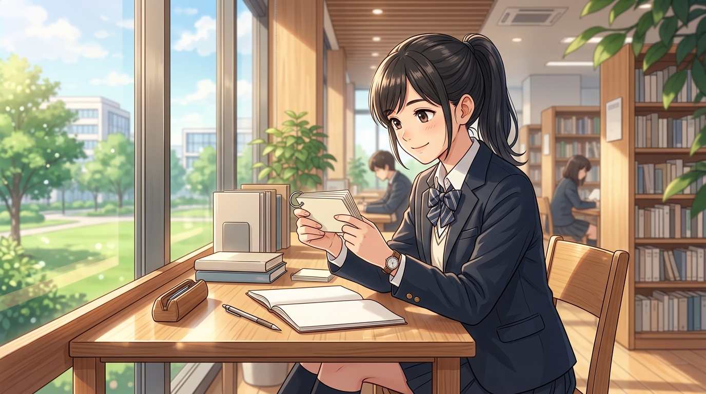 自習室で単語カードをめくり集中して古文単語を覚える高校生