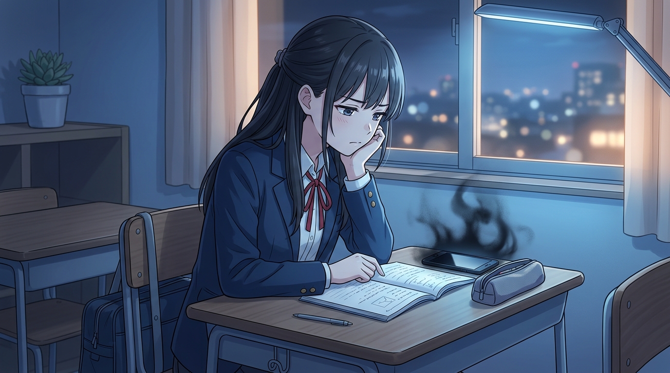 机の上のスマホに意識を奪われ勉強の集中力が削がれる女子高校生