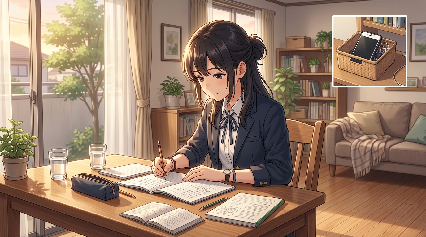 スマホを別の部屋やカゴに置いて勉強に集中する中高生のイラスト