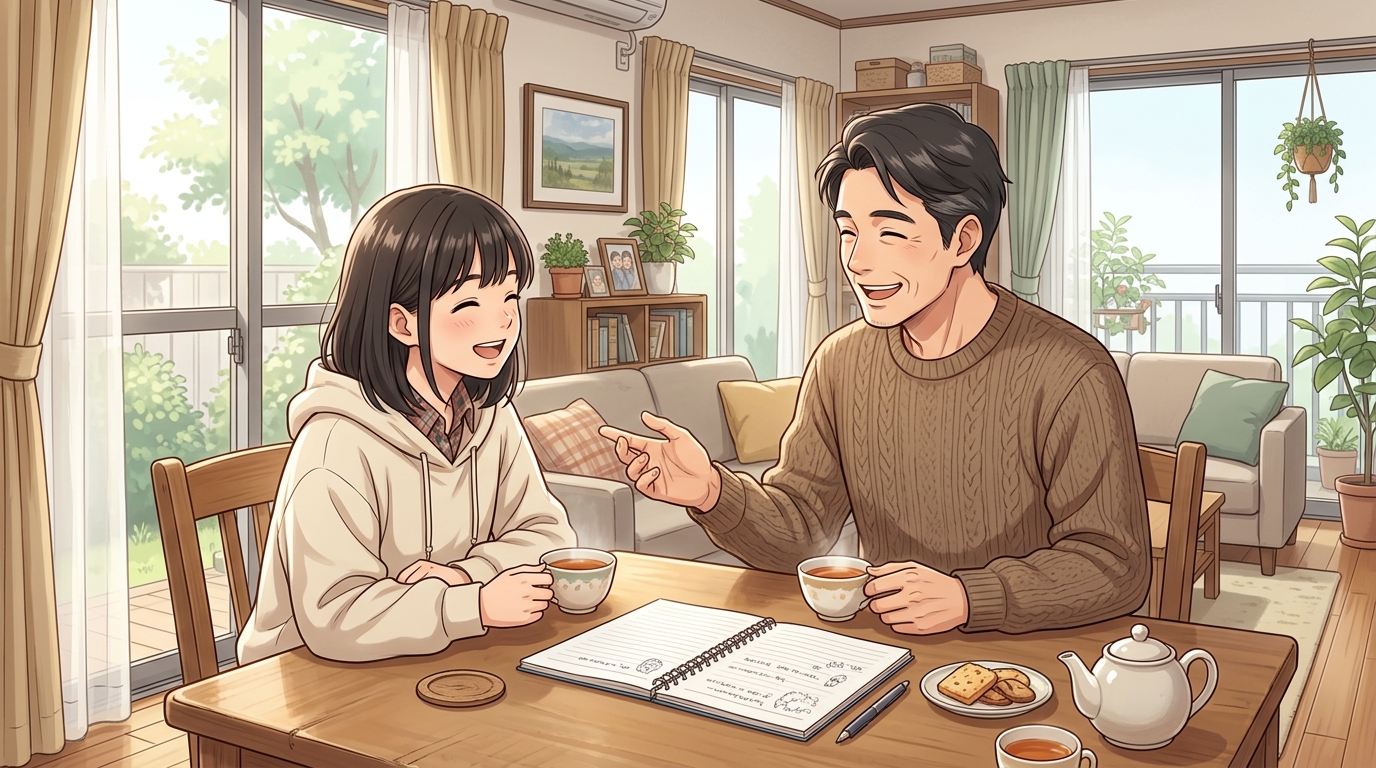 リビングのテーブルで笑顔で話し合いながらスマホルールを決める親子