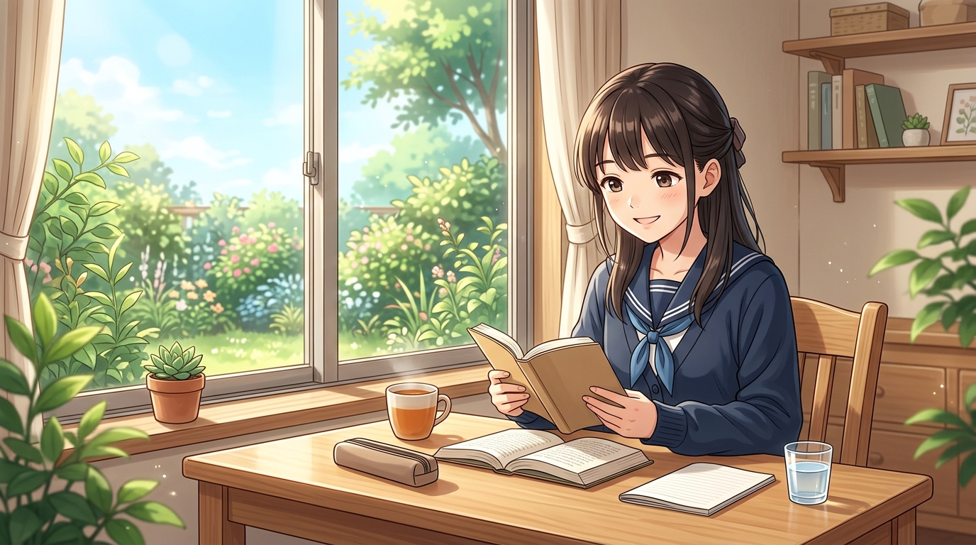 朝の明るい日差しの中で笑顔ですっきり読書と勉強に向き合う中学生