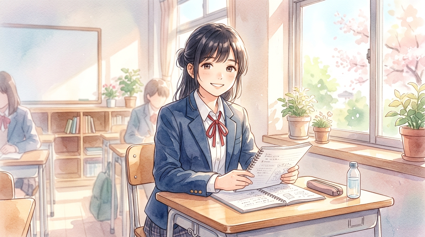 コーネル式ノートの使い方完全ガイド!明るい教室で学ぶ女子学生のイラスト