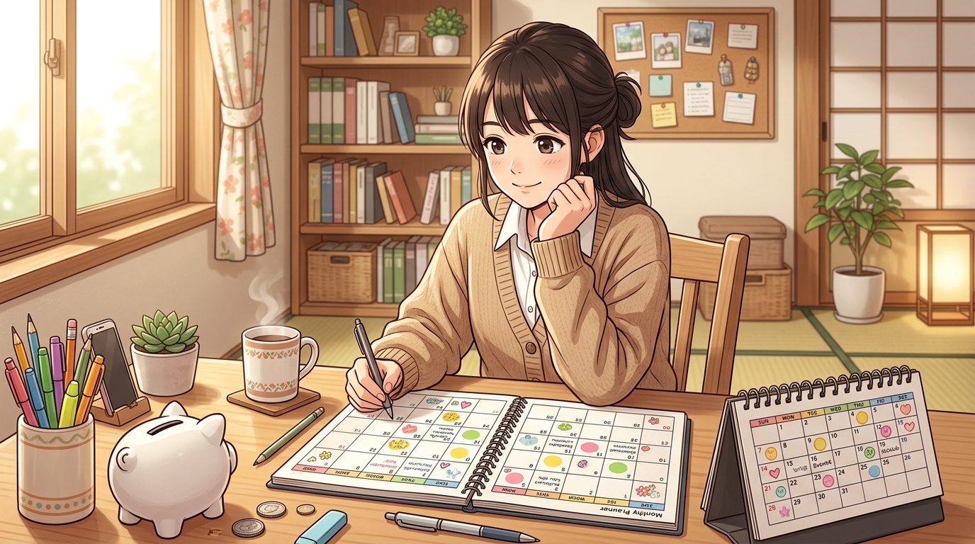 高認試験の費用と学習計画をカレンダーで丁寧に整理する様子