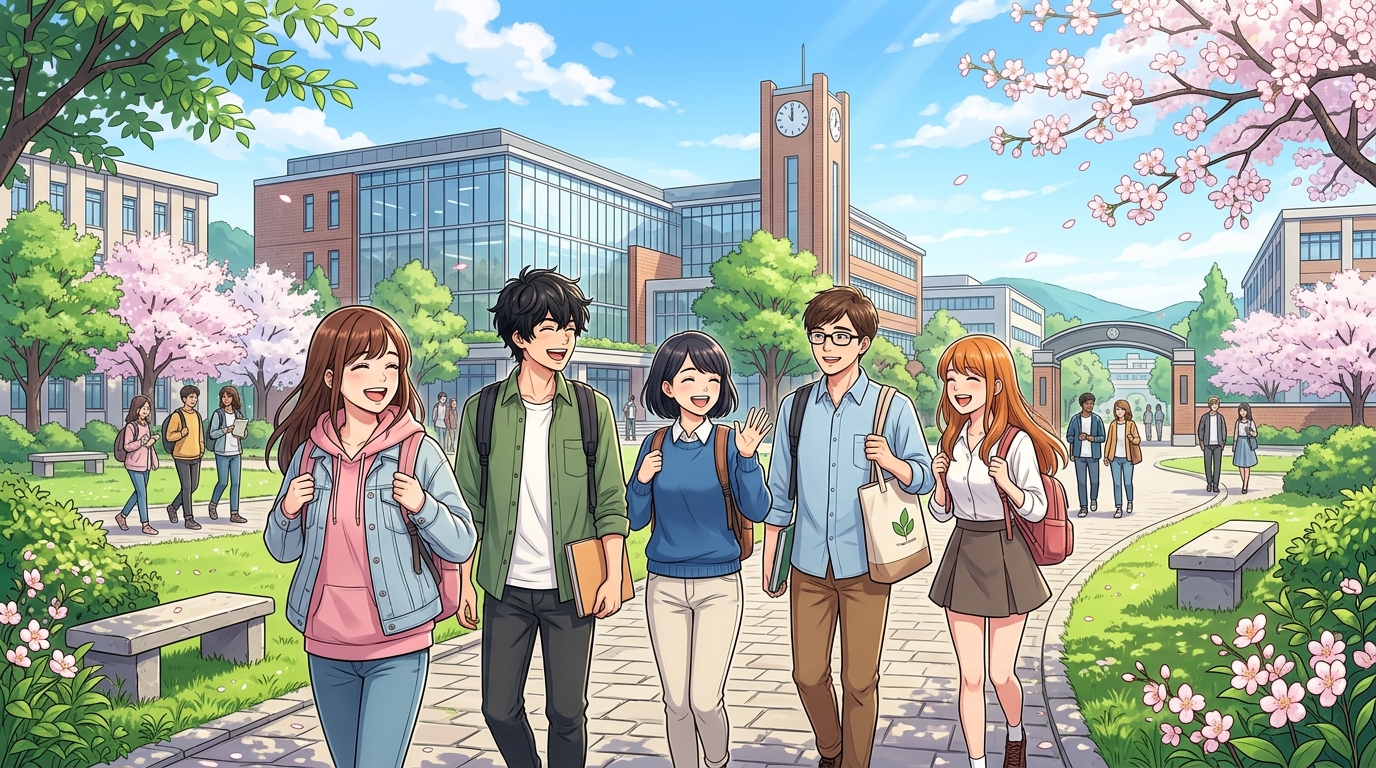 高認試験合格を掴み取り大学キャンパスで仲間と笑顔で歩む学生たちの姿