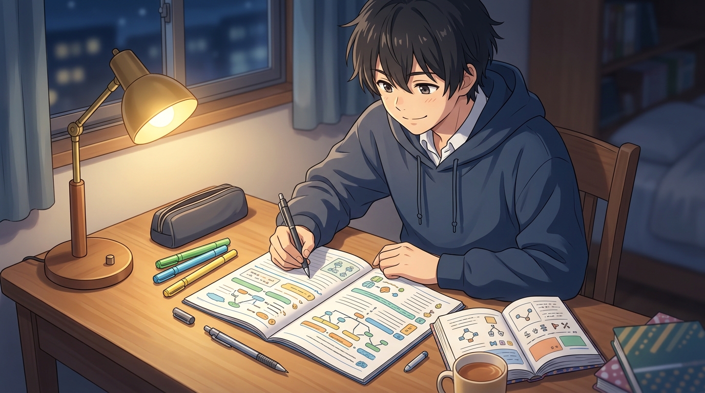 夜の自習机で色分けされた文法ノートを前に笑顔で助動詞の解読を進める男子高生