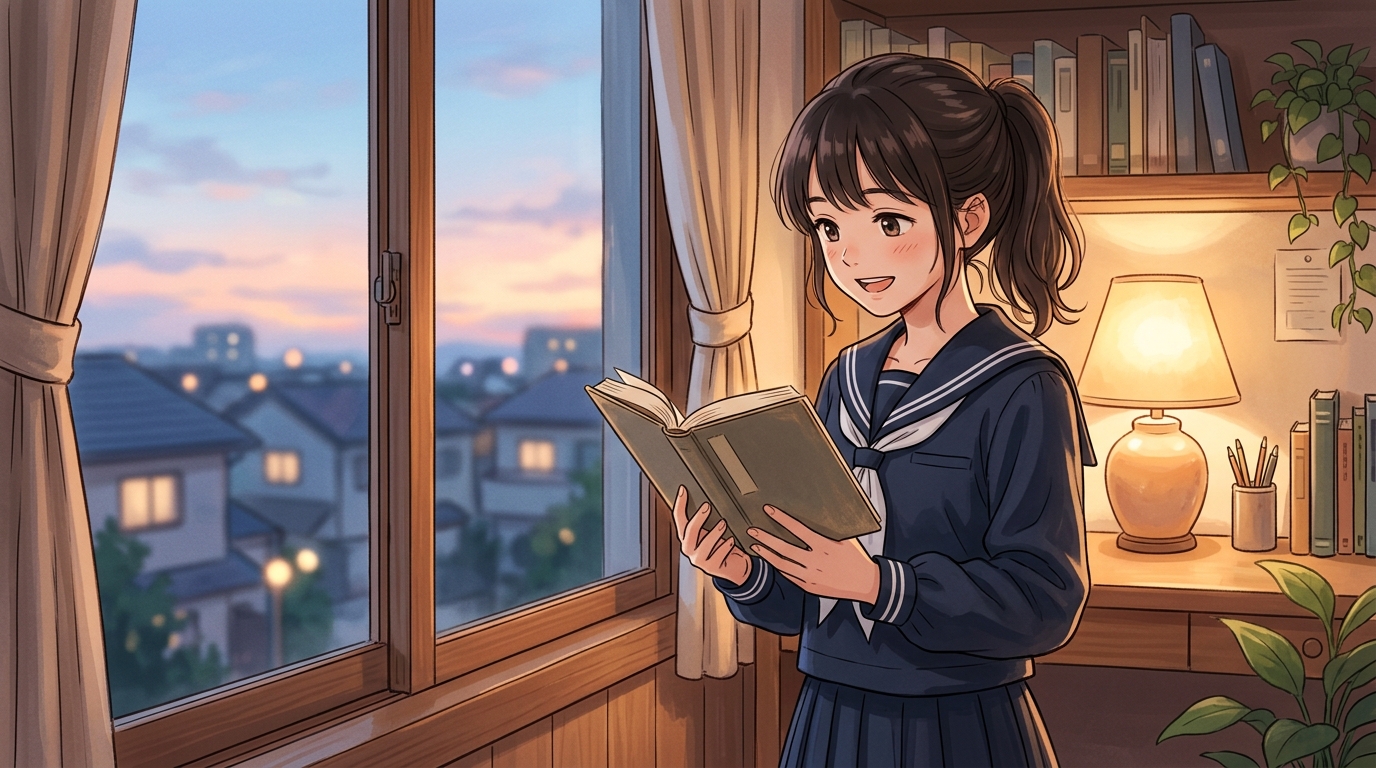 夕暮れの自室で教科書を両手に持ちリズムよく声に出して音読する女子高生