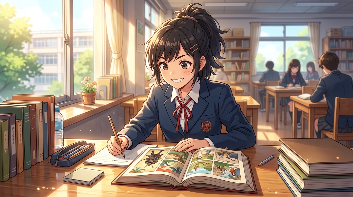 自習室で古典の教科書を開きやる気あふれる表情で勉強する女子高生
