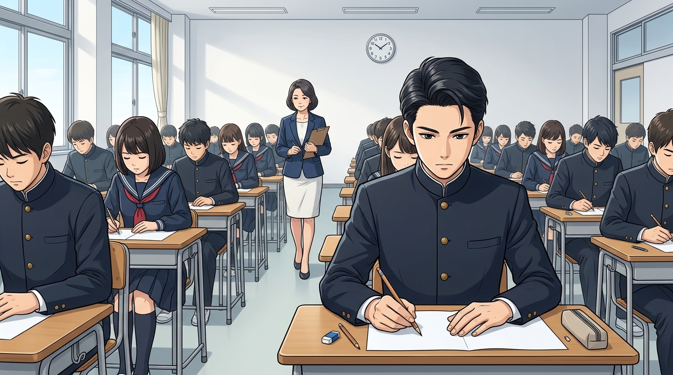 厳格な試験会場で眉とおでこを出して集中して答案を書く受験生たち