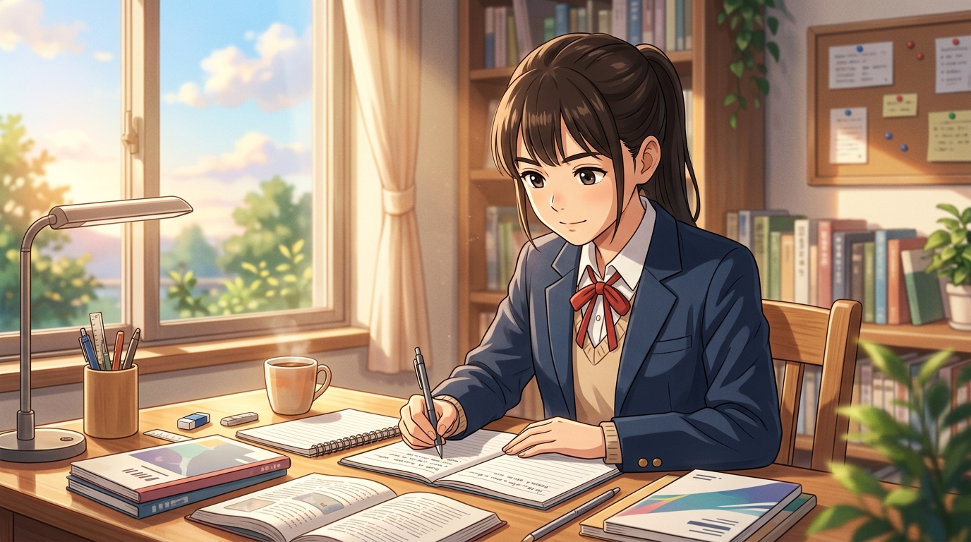 受験勉強で前髪を整えて集中して問題に取り組む高校生のイラスト