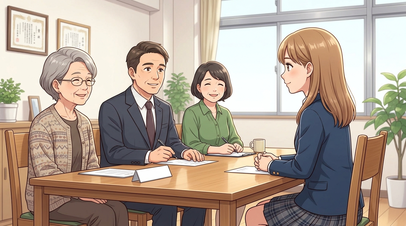 面接試験室で前髪をすっきり分けて堂々と面接官の質問に答える生徒
