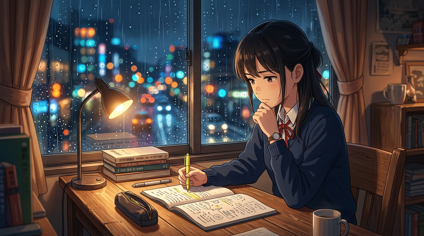 夕暮れの机で開かれた教科書と文具を見つめ反省する女子高校生