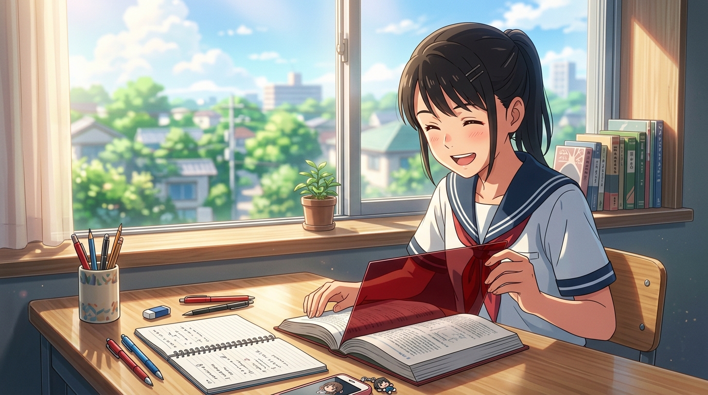 赤シートでテキストを隠し笑顔で自力想起テストを行う女子高校生