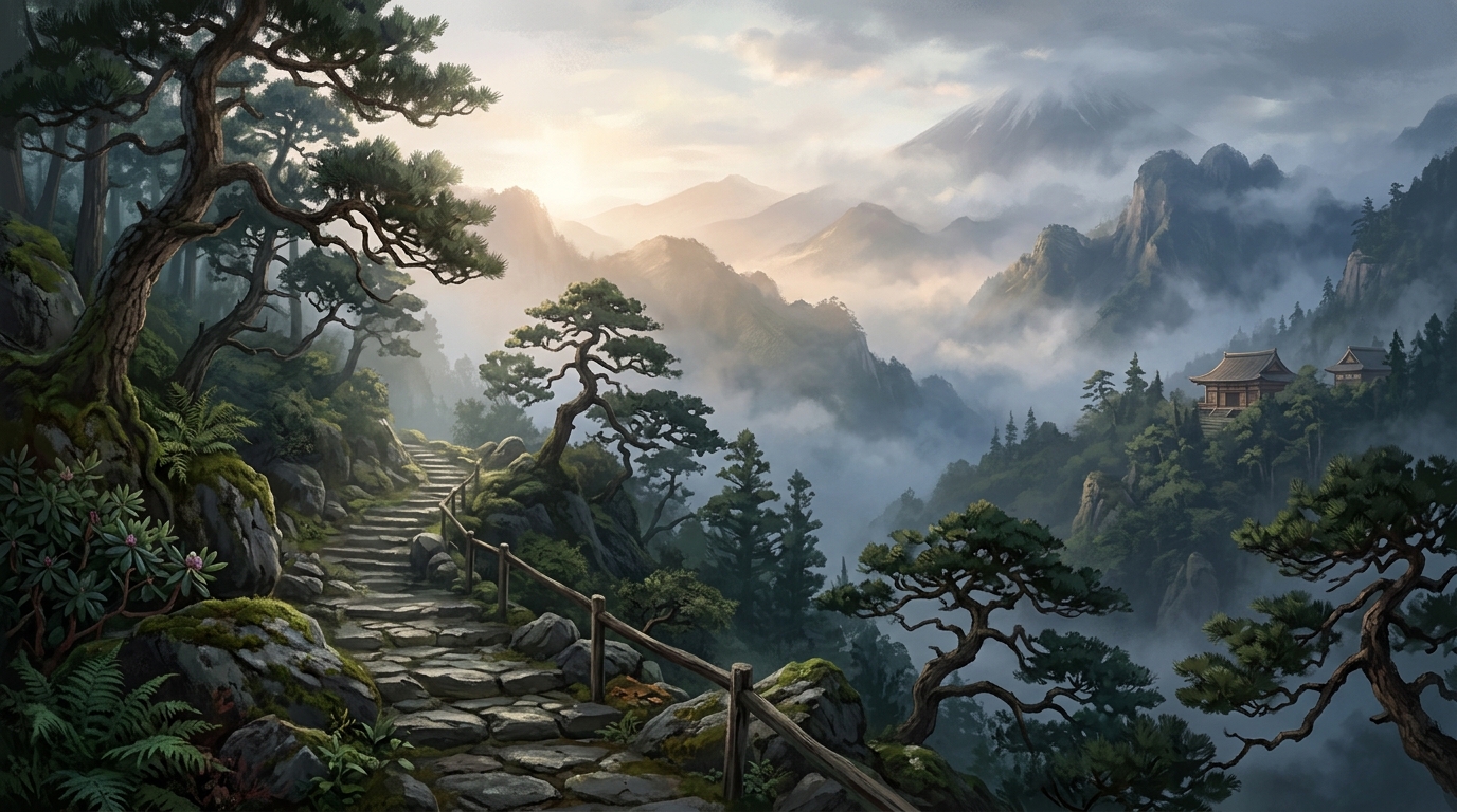 朝靄立ち込める山道と松の情景