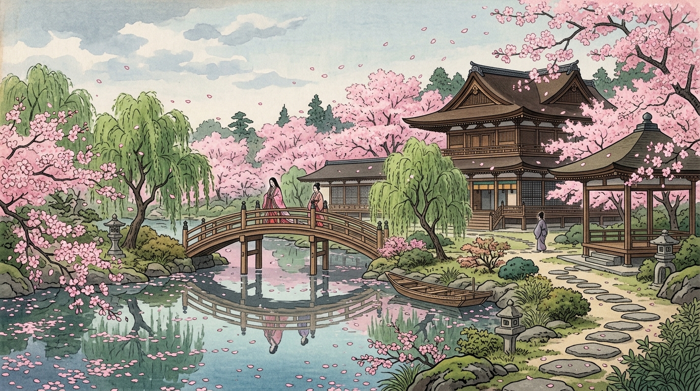 桜舞い散る平安の宮廷庭園