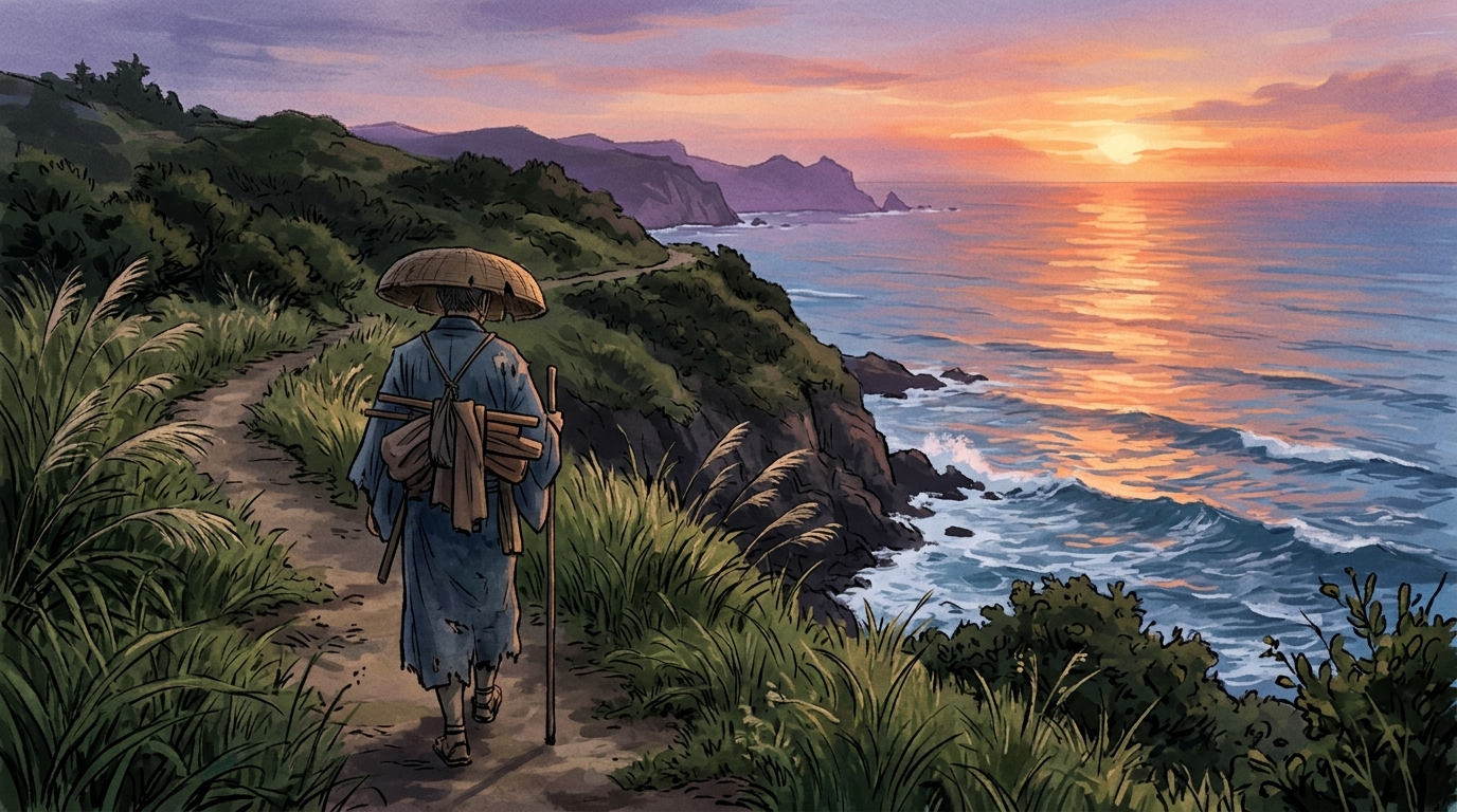 夕暮れの海岸を歩く旅人の情景
