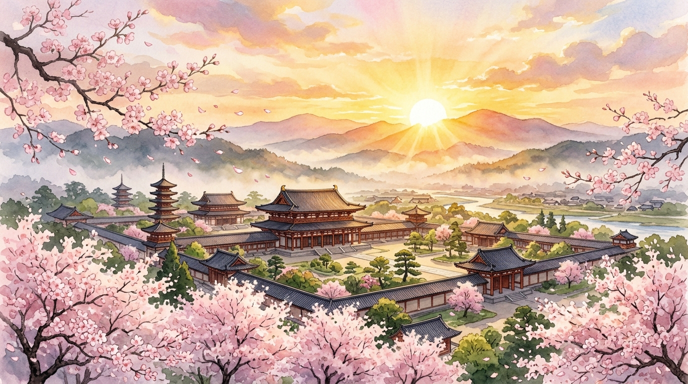 図4: 満開の桜と朝日に照らされる壮麗な平安京大内裏のパノラマ情景
