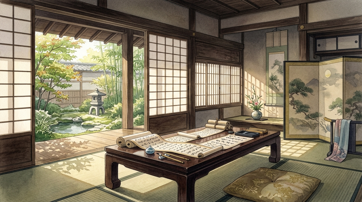 図1: 朝日の差し込む平安時代の格調高い書斎で古典文法の巻物を広げた情景