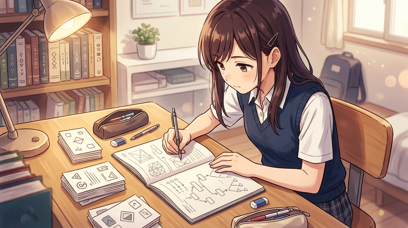勉強机で単語カードと活用表を見比べながら接続ルールをペンで指す女子高生