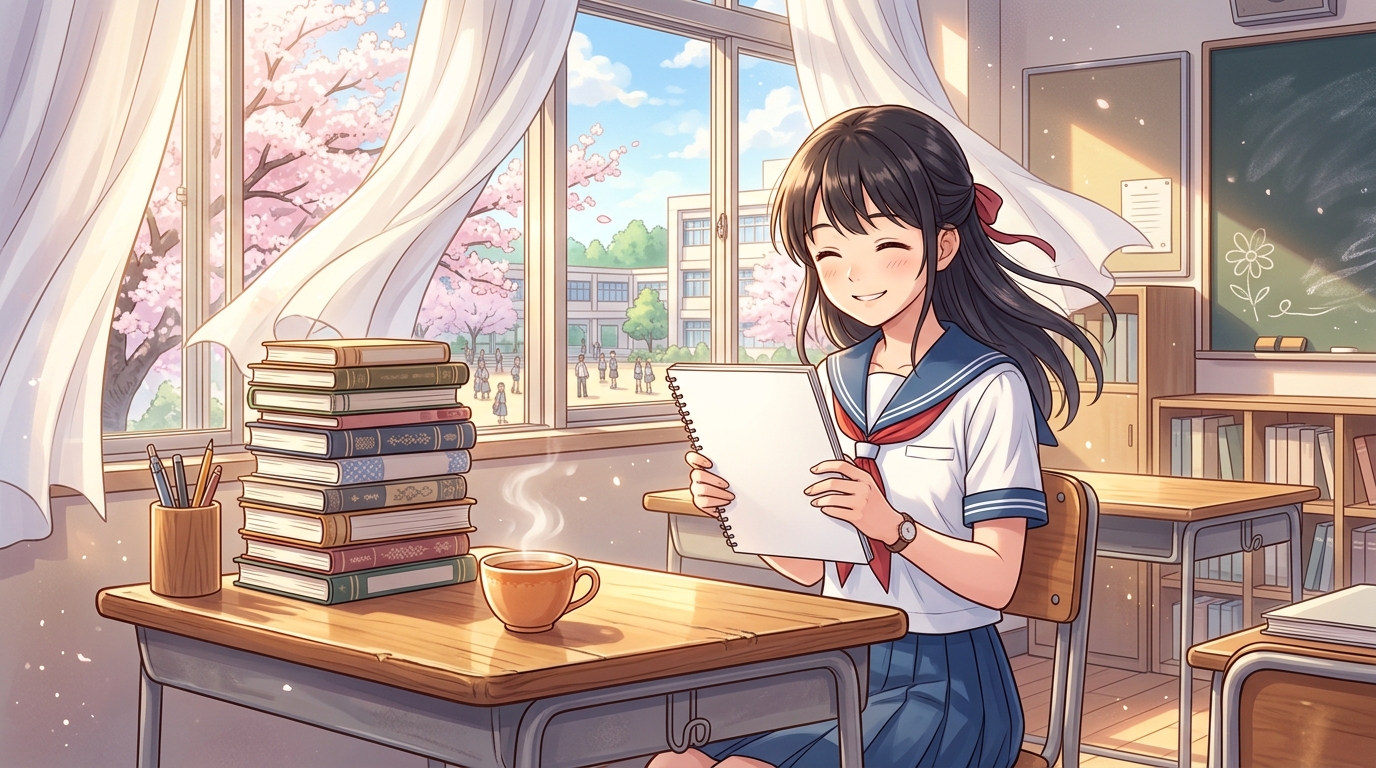 桜が舞う教室の窓辺で文法ノートを手に達成感あふれる笑顔を見せる女子高生