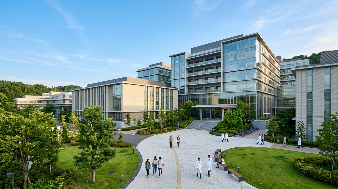 青空と緑に囲まれた大学病院・医学部キャンパスの景観