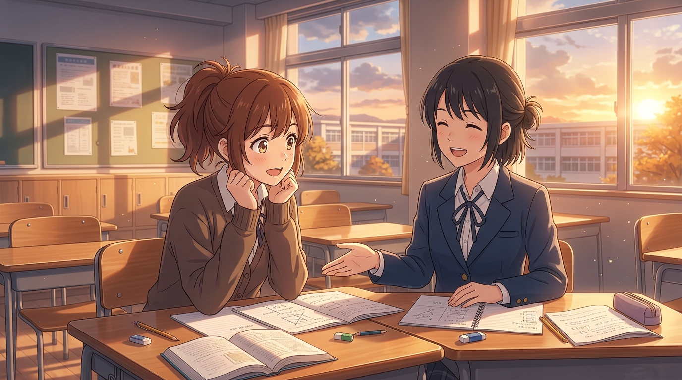 放課後の教室で友人に解法をわかりやすく教え合いながら理解を深める高校生