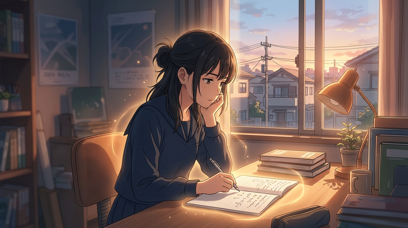 夕暮れの自習室で参考書とノートを開き客観的な視点で理解度を確認する高校生