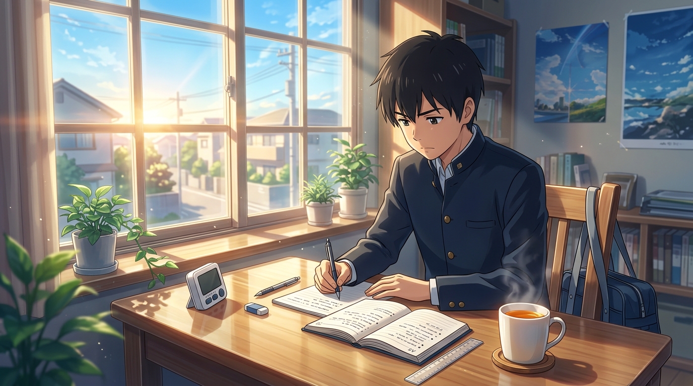 朝の光の中でタイマーと学習記録ノートを開き一日の課題を振り返る高校生