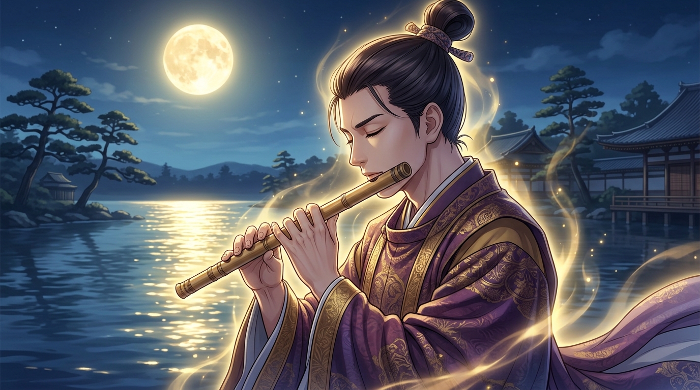 月夜の湖上で神妙な篳篥を奏でる橘用枝