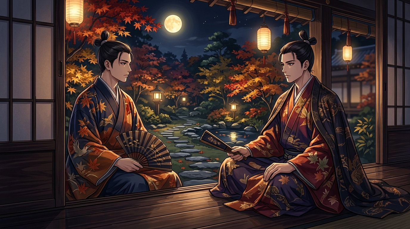 秋の月夜に未来を思案する平安貴族の情景