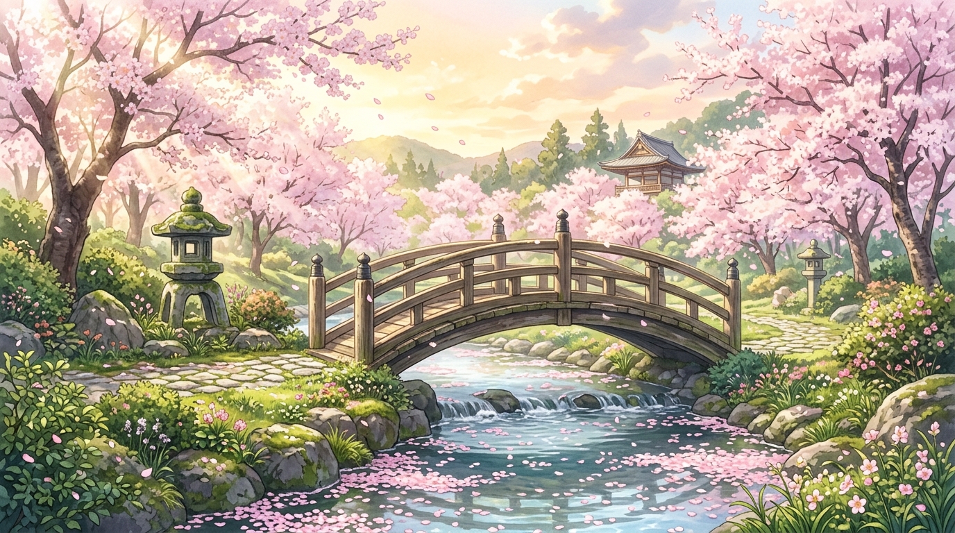 春の桜と美しい小川の情景