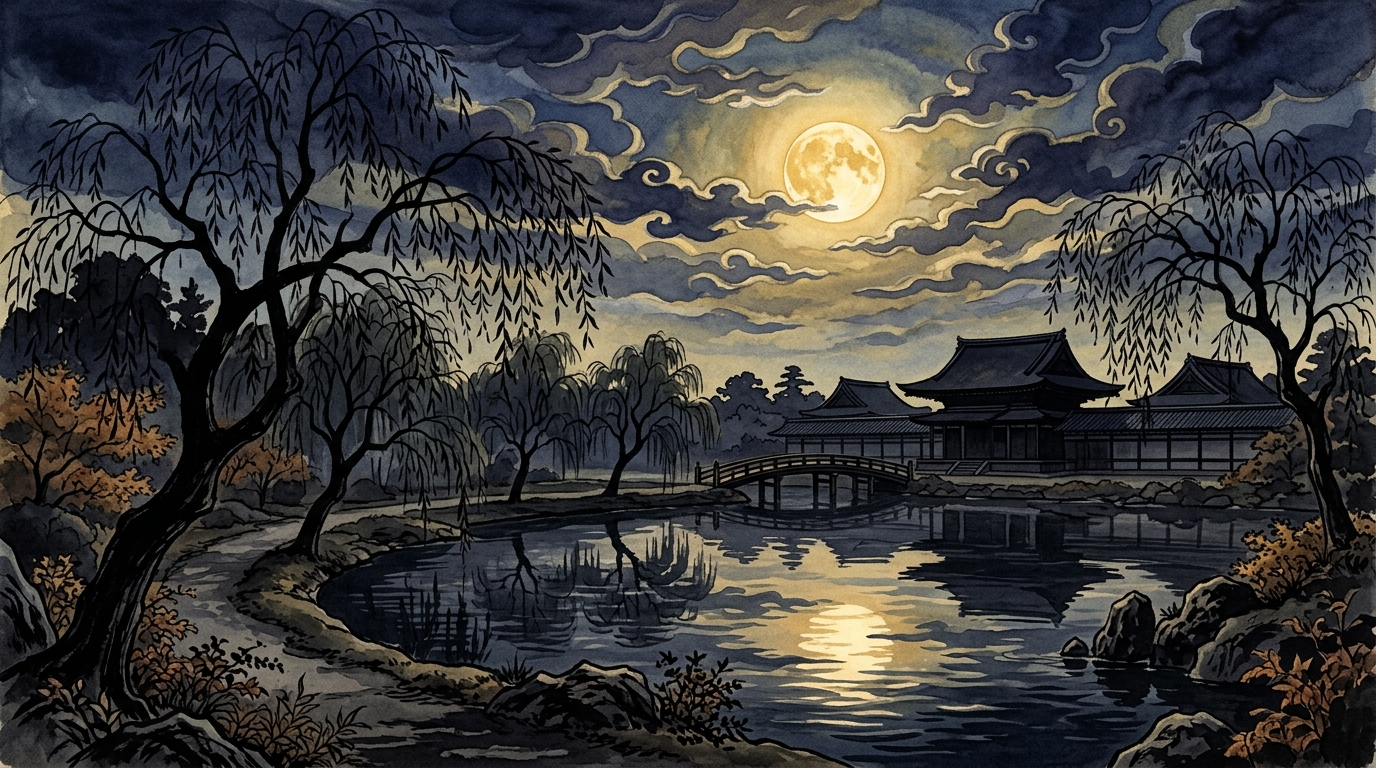 月夜の平安邸宅と桜の情景