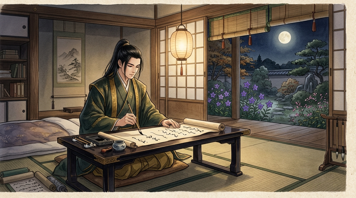 秋の満月の夜に文机で静かに筆を執り和歌や古典文法を極める平安貴公子の優雅な姿