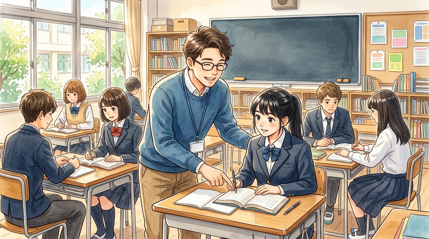 たく先生が生徒に個別指導する温かい情景