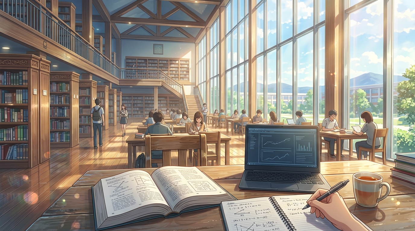 自然光が降り注ぐ明るい大学図書館で意欲的に学ぶ若者たちの風景