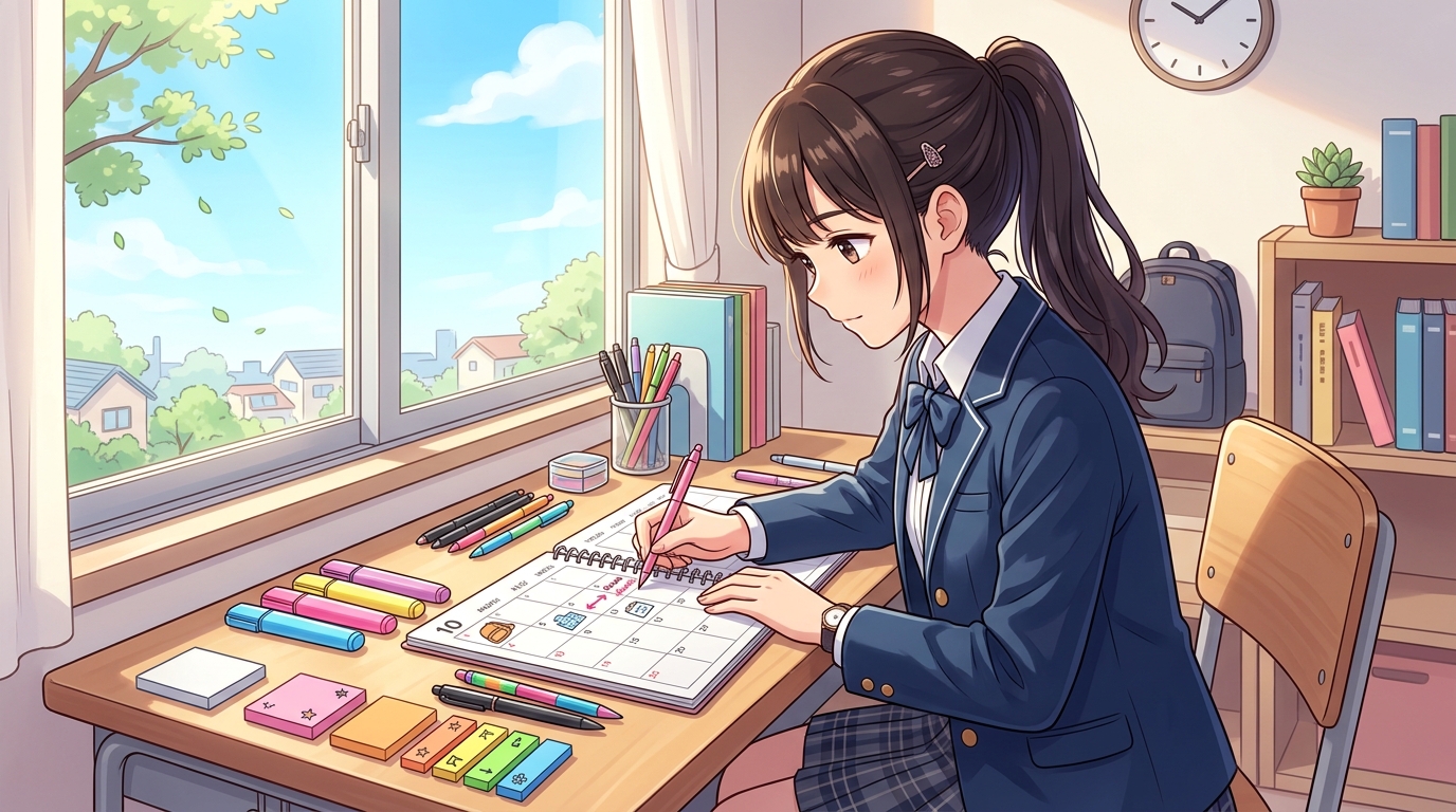 カレンダーに受験日程を書き込み計画を立てる女子高校生