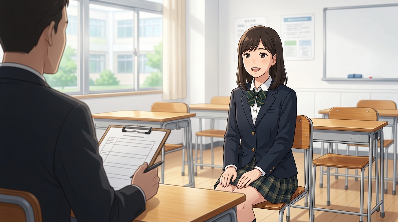 模擬面接で背筋を伸ばし自信を持ってハキハキと答える女子高校生