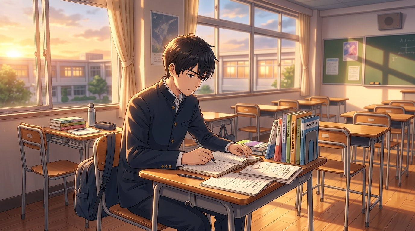 放課後の教室で参考書を開き学科試験と推薦対策を両立する男子高校生