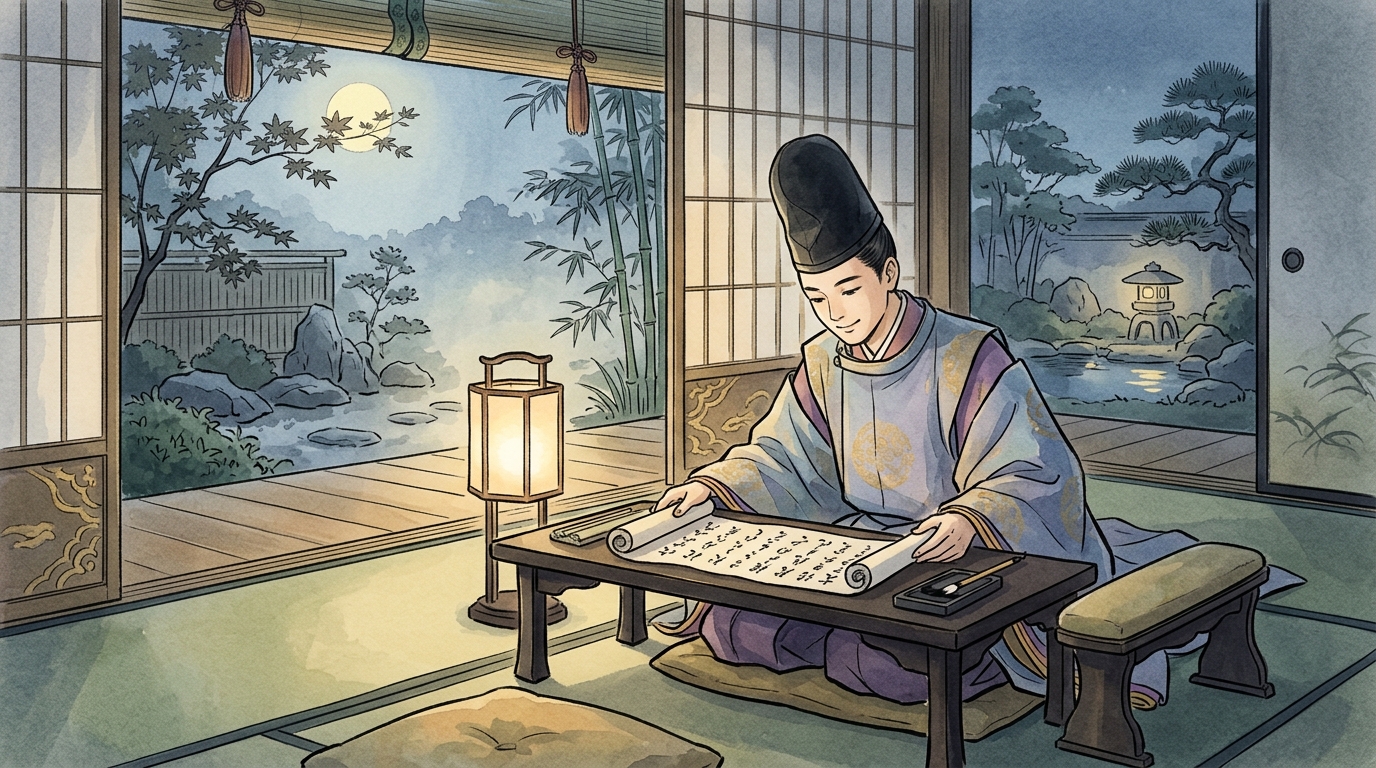 月明かりの平安宮殿で巻物を広げ古文の識別公式を読み解く若き貴公子の優雅な姿
